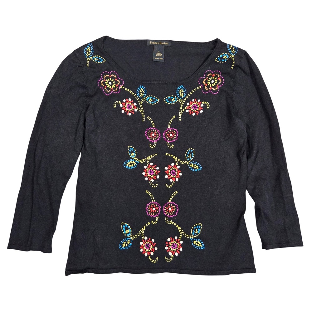 Sydney Easton Black Silk Blend Floral Embroidered 3/4 Sleeve Knit Top Boho Small